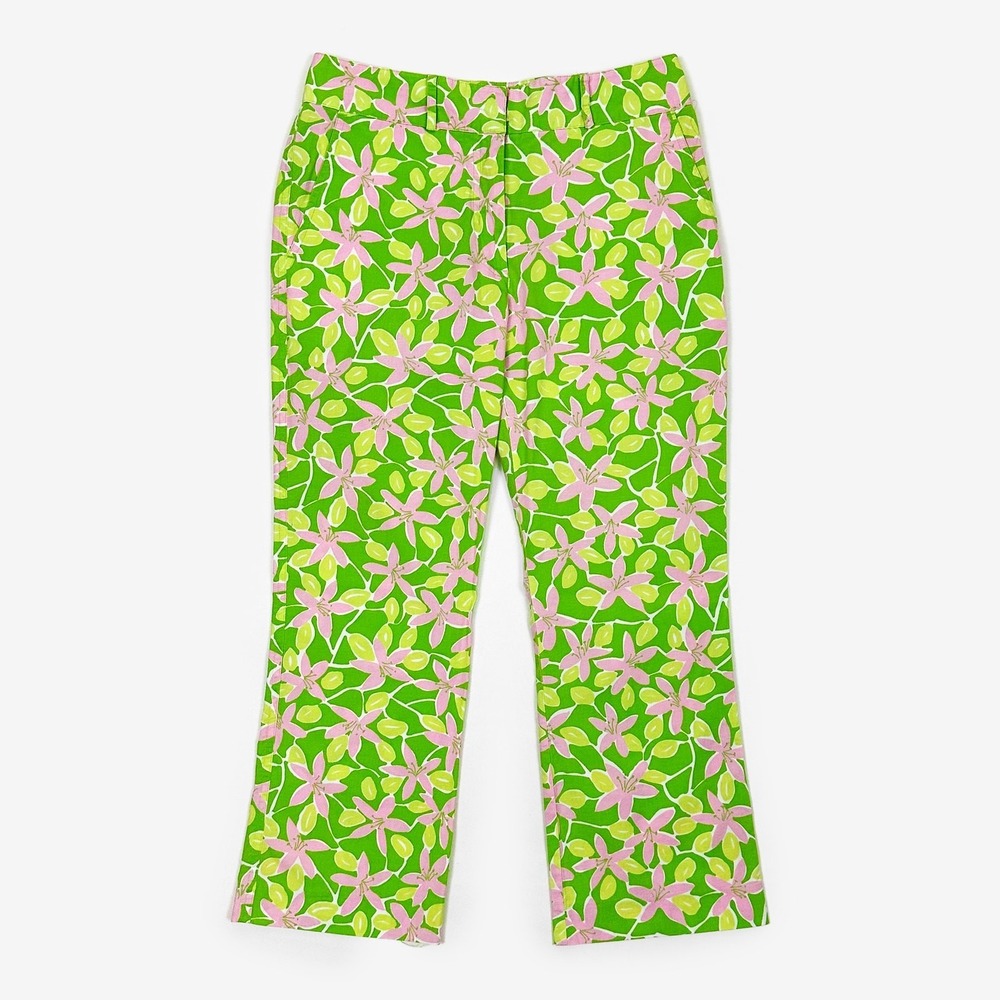 Lilly Pulitzer Floral Pants Size 2 Green Pink Cotton Blend‎ Pockets Cropped Y2K
